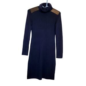 Kate Spade blue wool ribbed knit turtleneck sweater dress leather patch Size XXS